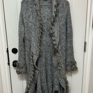 Midi Waterfall Gray Cardigan Faux Fur Laced Trim